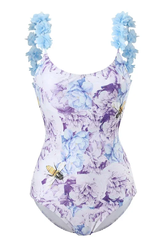 Maillot de bain taille haute taille bleue une pièce avec fleurs