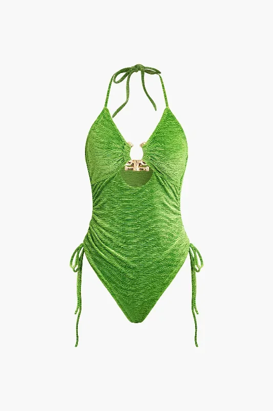 Tummy Control U-ring Tie Halter Ruched One-Piece Swimsuit