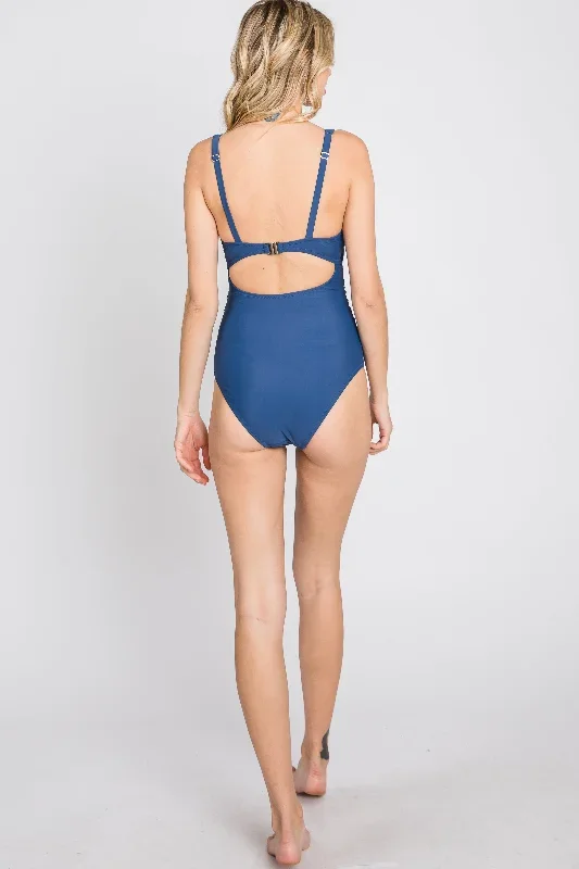 navy-blue-ruched-sides-front-cutout-one-piece-swimsuit