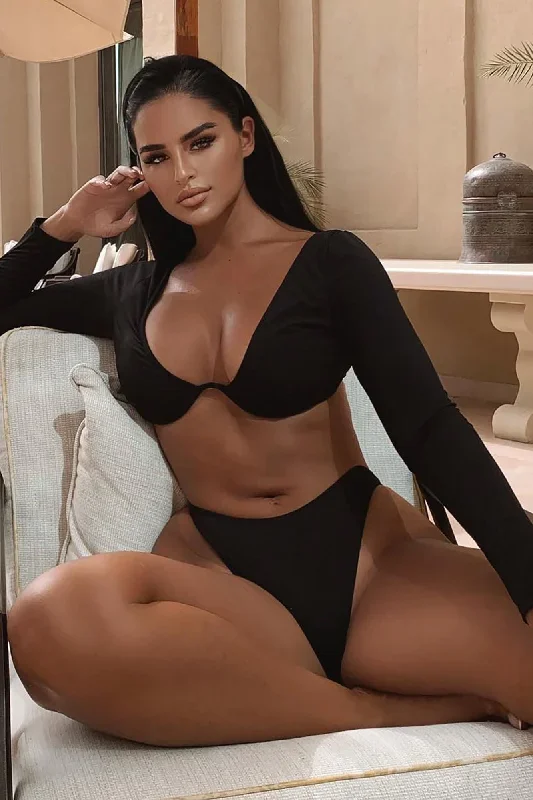 Not About The Drama Long Sleeve 2 Piece Bikini - Black