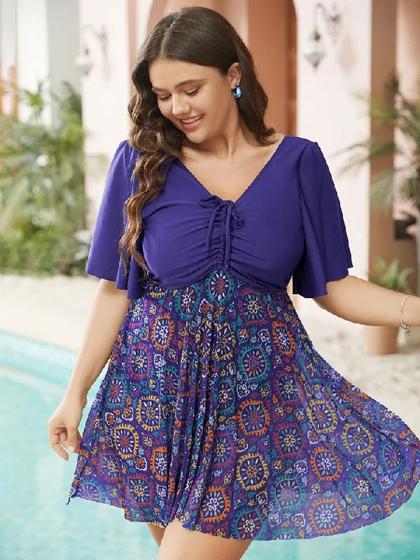 Paisley Drawstring Ruched Detail Ruffle Sleeve Swim Dress