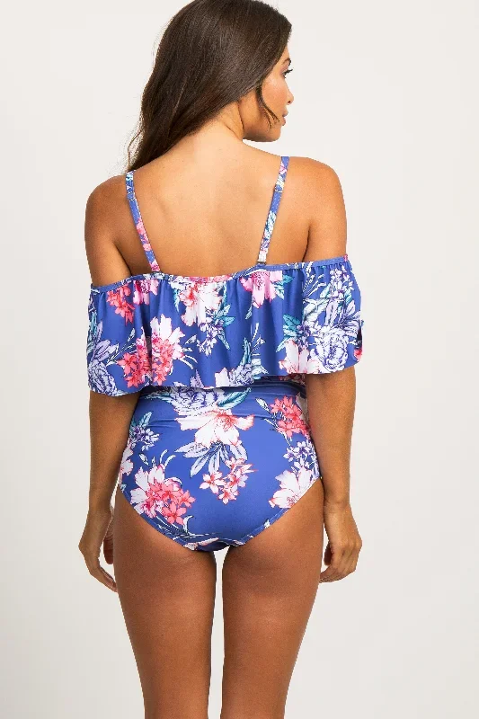 periwinkle-floral-ruffle-trim-ruched-one-piece-maternity-swimsuit