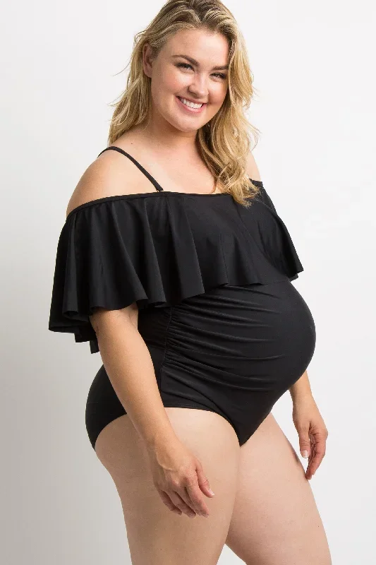 pinkblush-black-ruffle-trim-ruched-one-piece-maternity-plus-swimsuit