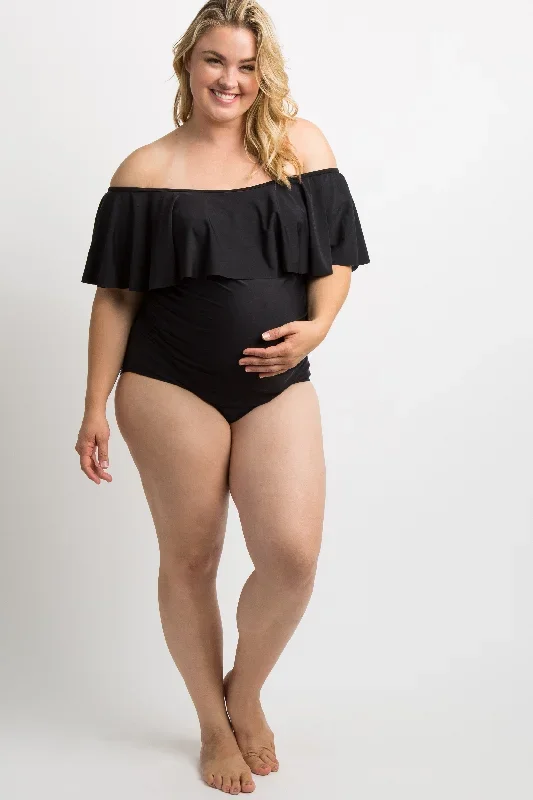 pinkblush-black-ruffle-trim-ruched-one-piece-maternity-plus-swimsuit