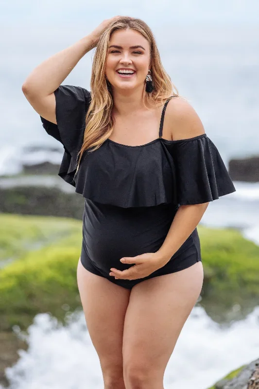 pinkblush-black-ruffle-trim-ruched-one-piece-maternity-plus-swimsuit