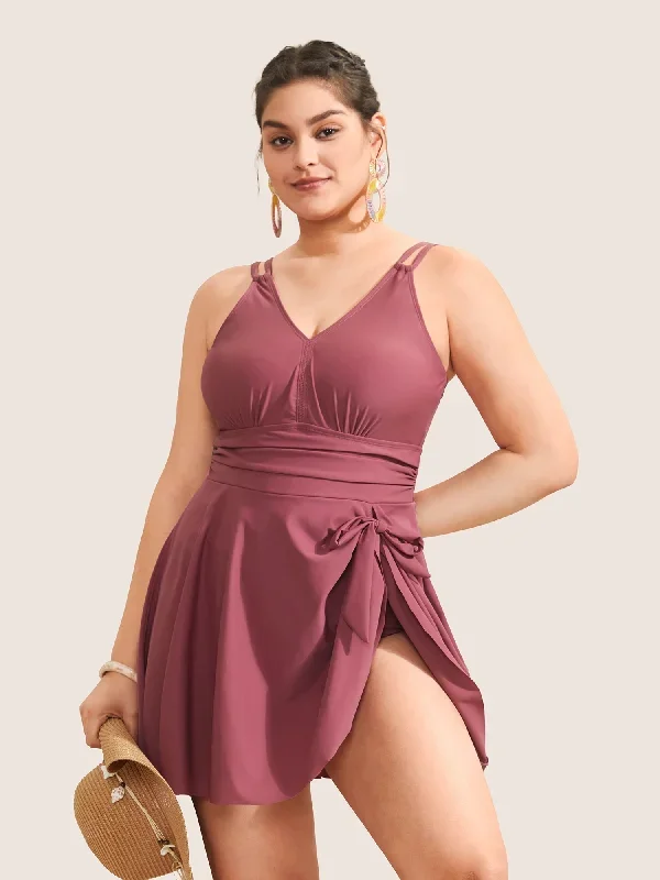 Plain Gathered Knot Adjustable Straps Swim Dress