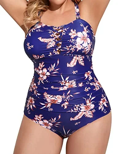 Ladies Lace Up Swimwear Plus Size One Piece Swimsuits-Blue Flowers