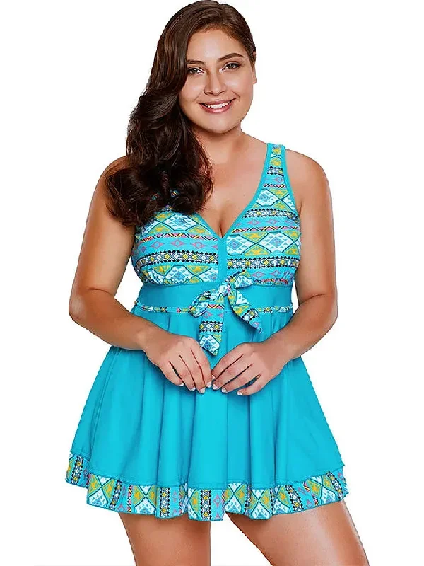 Plus Size Ethnic Print Two-piece Swimsuit Dress For Women