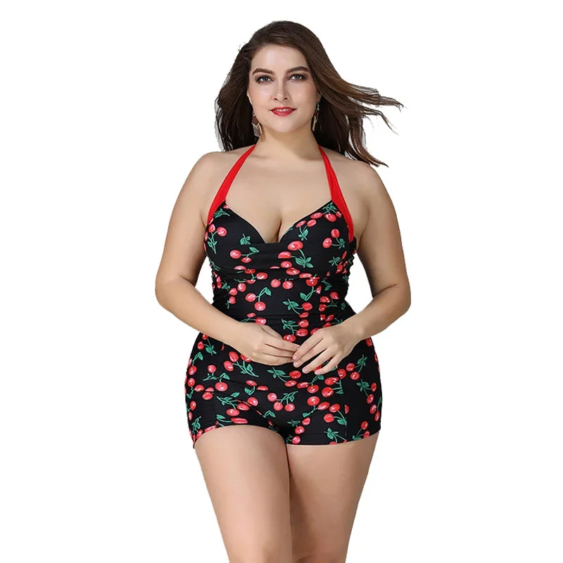 Women Plus Size Sexy Red Halter Cherry Vintage One Piece Swimsuit