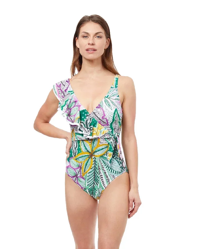 Profile By Gottex Tropic Boom V-Neck Surplice Ruffle One Piece Swimsuit