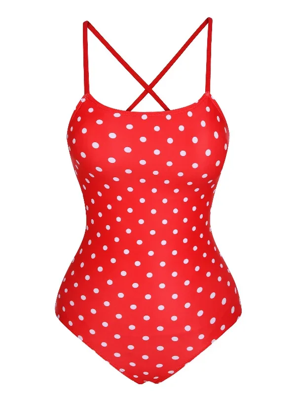 Red 1950s Polka Dot Back Strap One-Piece Swimsuit