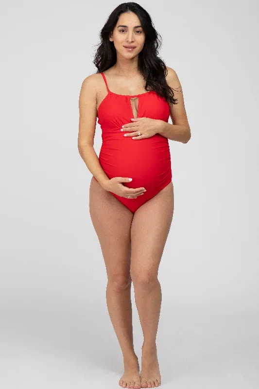 red-back-tie-cutout-one-piece-ruched-maternity-swimsuit