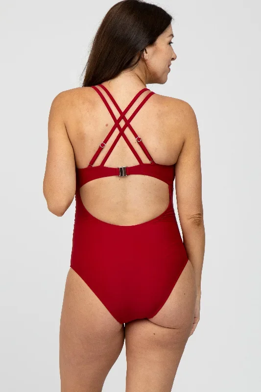 red-ruched-side-strappy-cross-back-maternity-one-piece-swimsuit