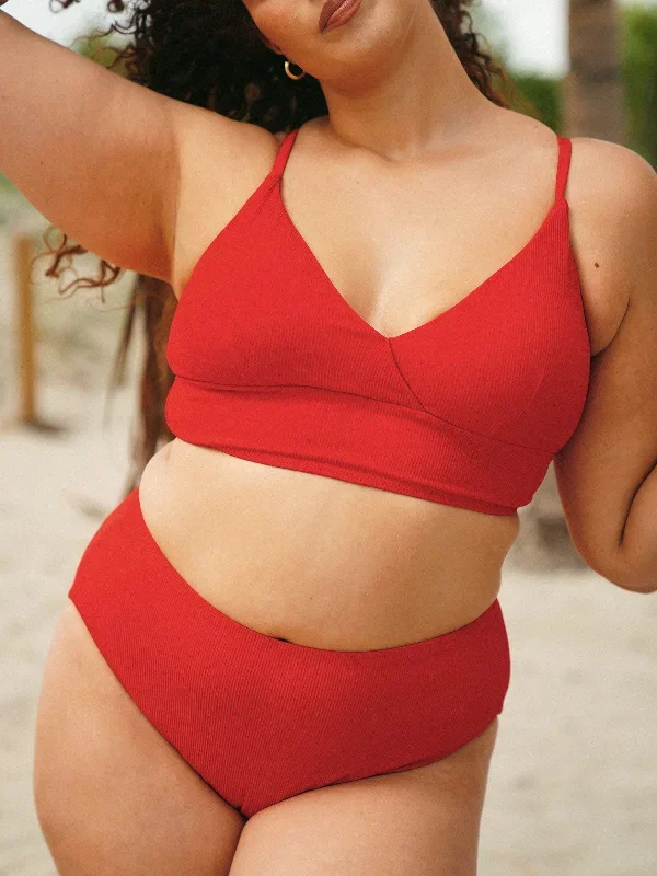 Red V-Neck Ribbed Plus Size Bikini Top