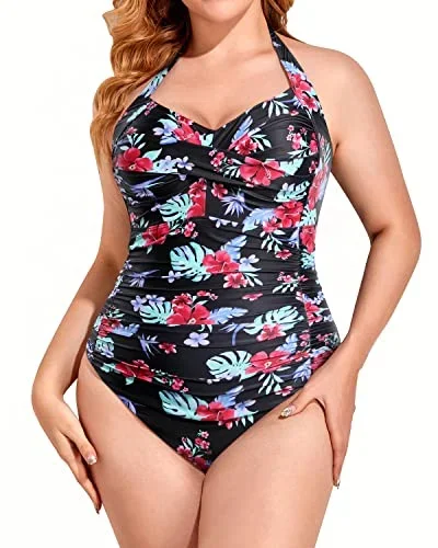 Removable Padded Bra Plus Size Tummy Control Swimwear-Black Red Flowers