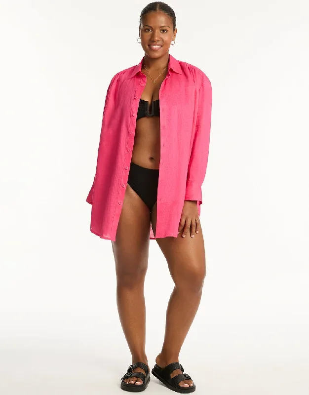 Resort Linen Beach Shirt - Hot Pink