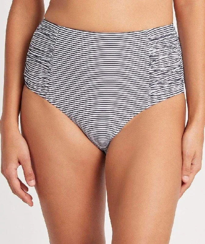 Sea Level Positano Stripe Gathered Side High Waist Brief - Night Sky