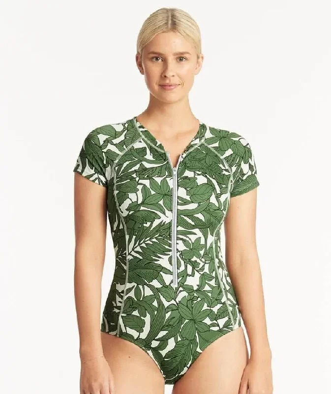 Sea Level Retreat Short Sleeved A-DD Cup One Piece Swimsuit - Olive