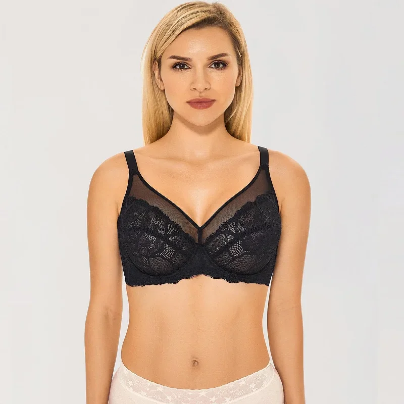 See-through Lace Sheer Unlined Minimizer Underwire Back Closure Black Bra