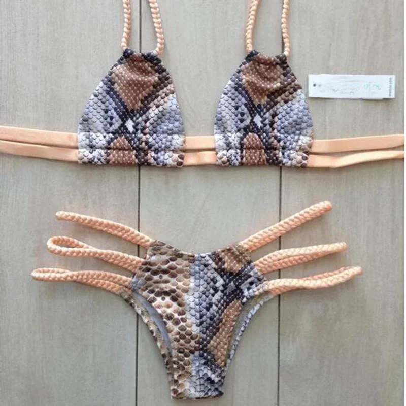 Snake Skin Printed Bikini Set Braid Thong