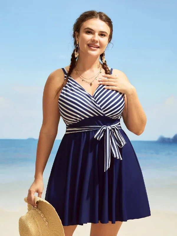 Striped Patchwork Wrap Tie Knot Swim Dress