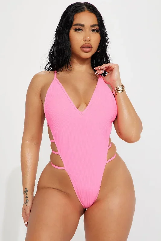 Summer Songs Ribbed Strappy 1 Piece Swimsuit - Neon Pink