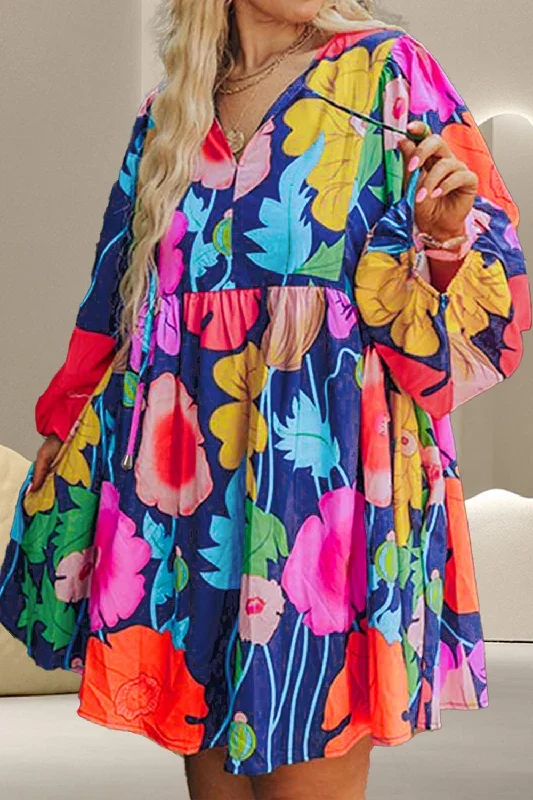 Sunset and Swim  Plus Size Printed Tie Neck Long Sleeve Dress