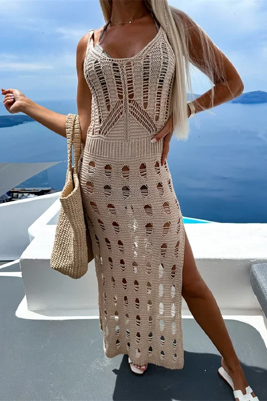 Sunset Vacation  Openwork Slit Scoop Neck Sleeveless Cover Up