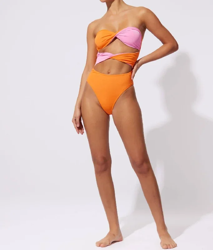 The Marlie (Reversible) Butterluxe Colorblock Bathing Suit In Carnation Pink Clementine