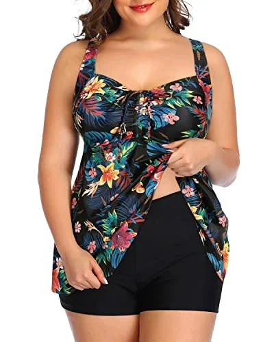 Tie Knot Swim Tops Tankini Swimsuits Shorts-Black Flowers