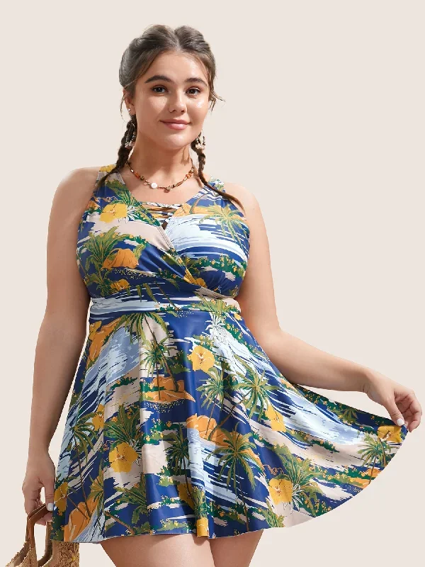 Tropical Print Crisscross Cut Out Swim Dress