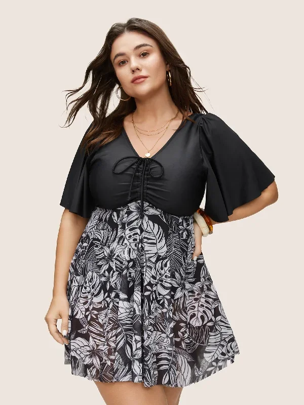 Tropical Print Flutter Sleeve Drawstring Swim Dress