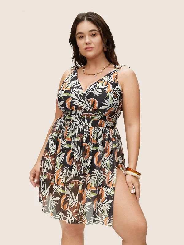 Tropical Print Gathered Split Hem Swim Dress