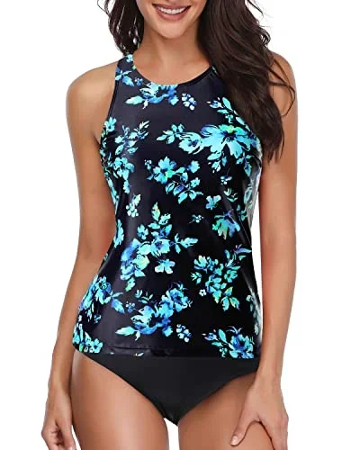 Women's High Neck 2 Piece Tankini Swimsuit-Black Blue Floral