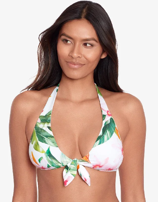 Watercolour Tropical Tie Front Halter Bikini Top - White Multi