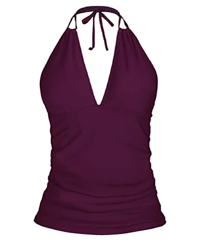 Tie Adjustable Straps Halter Top Swimsuits For Women-Maroon