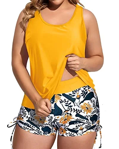 Loose Fit Plus Size 3 Piece Swimsuit With Sports Bra And Boy Shorts-Yellow Floral