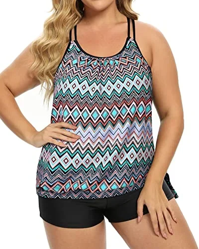 Blouson Plus Size Two Piece Tankini Swimsuit With Boy Shorts For Women-Black Tribal