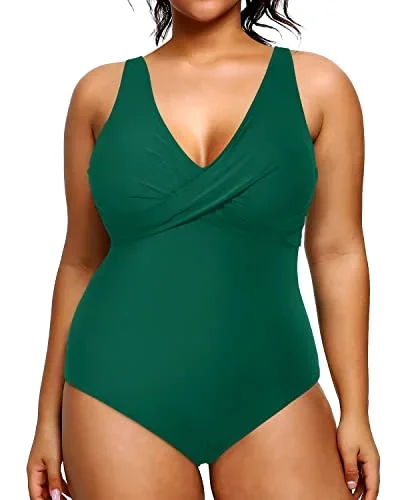 Women's Deep V-Neck One Piece Plus Size Swimsuits-Emerald Green