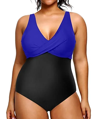 Slimming Plus Size Swimsuit One Piece Bathing Suits For Women-Royal Blue And Black