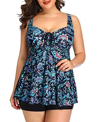 Push Up Padded Bra Tankini Swimsuits Plus Size Flowy Swimwear For Women-Green And Balck Floral