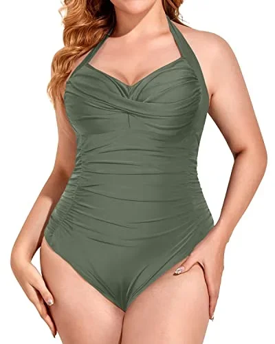 Women's Vintage Floral Print Plus Size One Piece Swimsuit-Olive Green