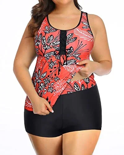 Athletic Racerback Plus Size Tankini Top With Boy Shorts For Women-Red Floral