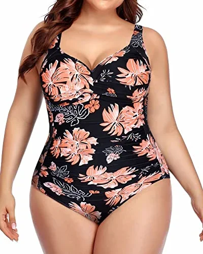 Twist Front Retro One Piece Swimsuits For Women Plus Size-Black Orange Floral