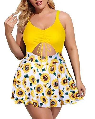 Plus Size Tie Front V Neck Swim Dress Push Up Padded Bra Bathing Suits-Yellow Floral