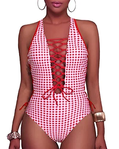 Cross Back Lace Up Monokini Strappy Cutout Swimwear-Red Plaid