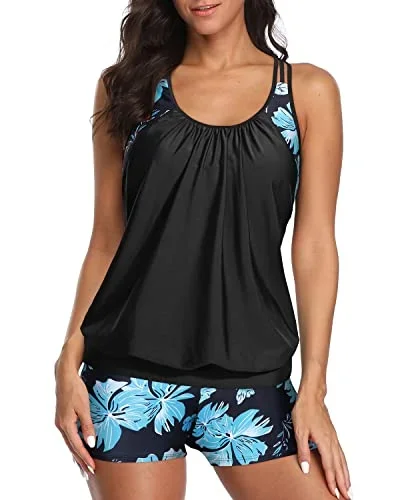 Layered Design Swim Tank Tops Long Swim Shorts For Women-Blue Green Flowers