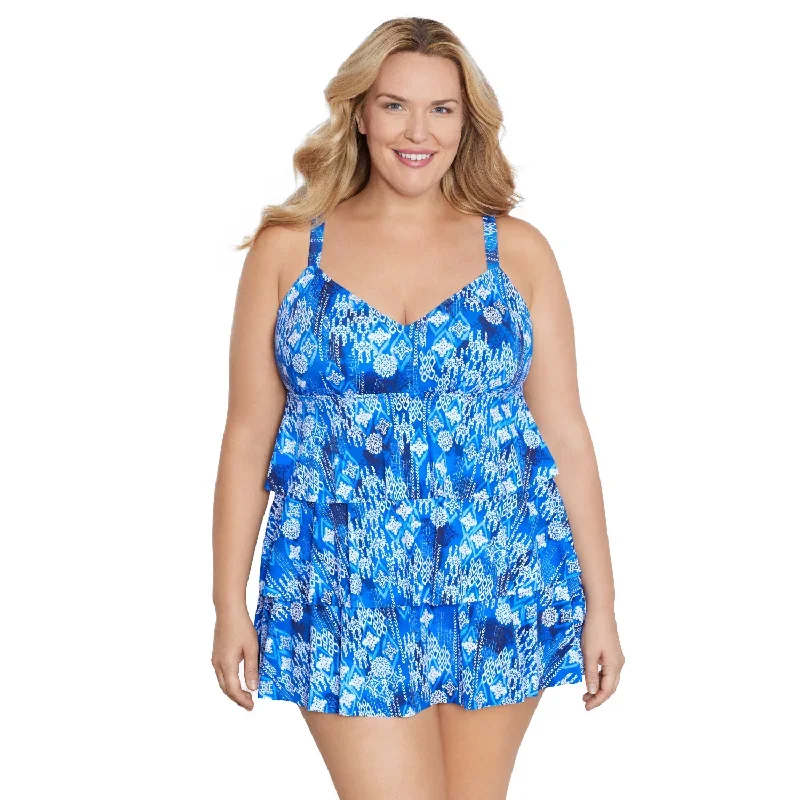 Women's One-Piece Swim Dress Triple Tier Plus - Blue